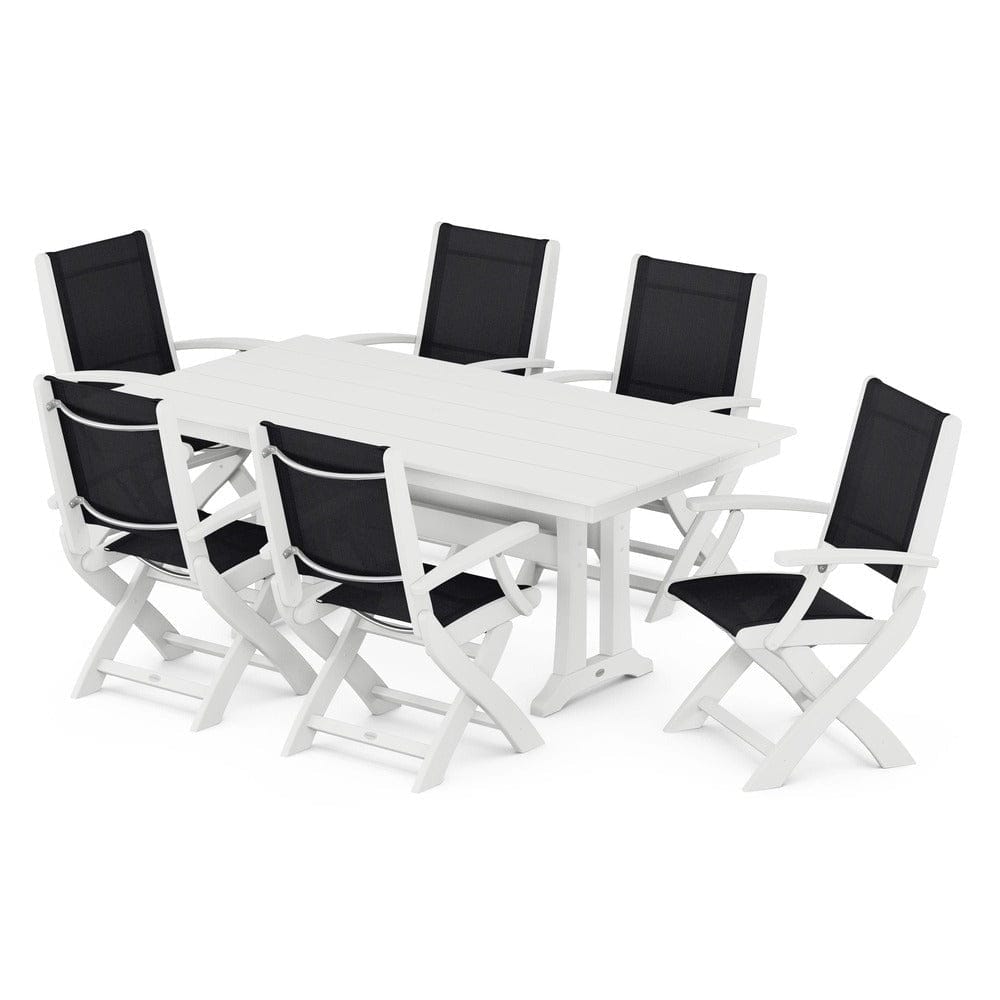 POLYWOOD® Outdoor Furniture White / Black Sling POLYWOOD® - Coastal Folding Arm Chair 7-Piece Farmhouse Dining Set with Trestle Legs - PWS292