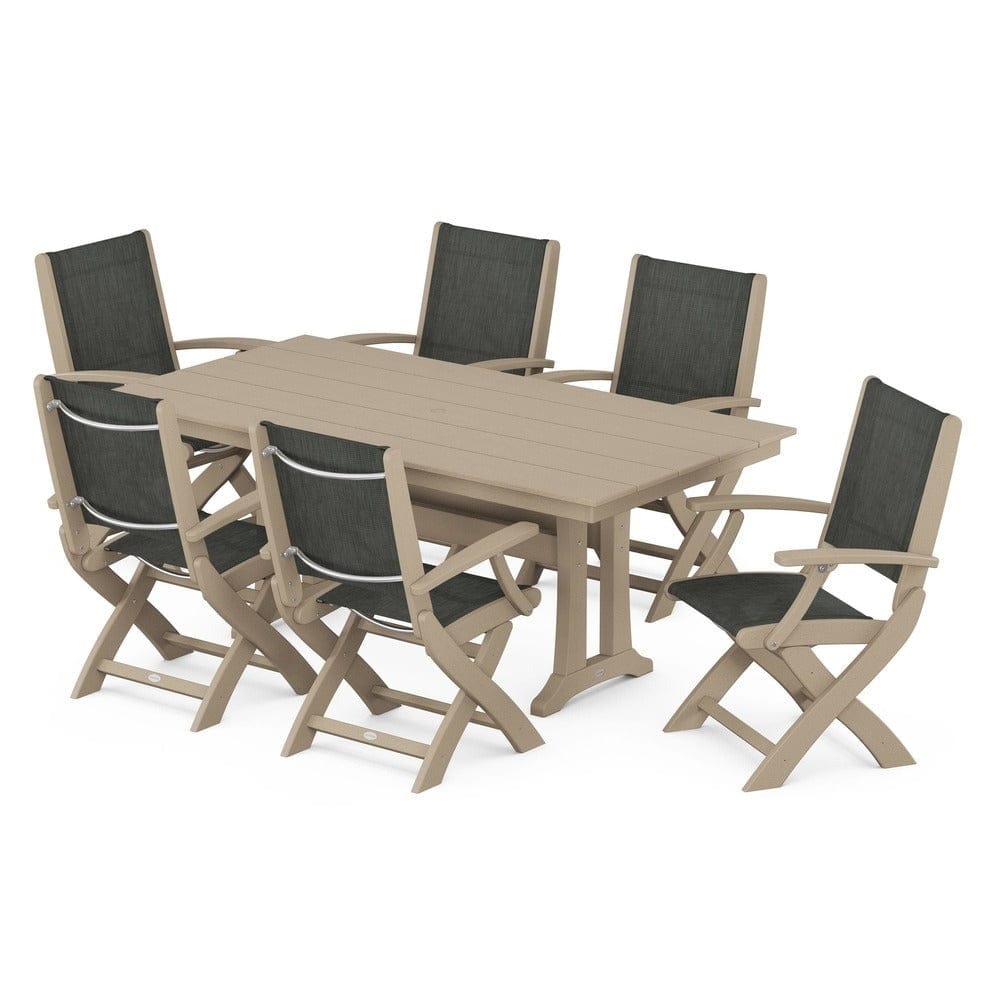 POLYWOOD® Outdoor Furniture POLYWOOD® - Coastal Folding Arm Chair 7-Piece Farmhouse Dining Set with Trestle Legs - PWS292