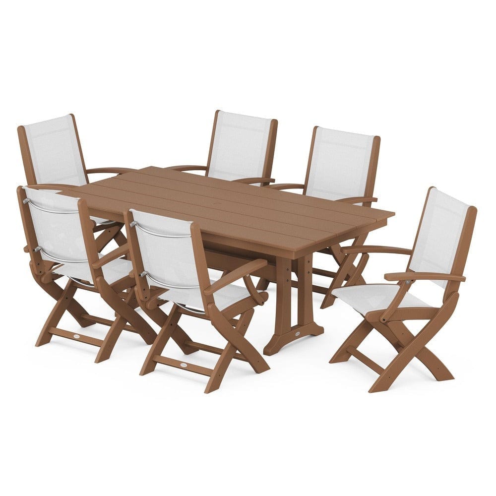 POLYWOOD® Outdoor Furniture Teak / White Sling POLYWOOD® - Coastal Folding Arm Chair 7-Piece Farmhouse Dining Set with Trestle Legs - PWS292