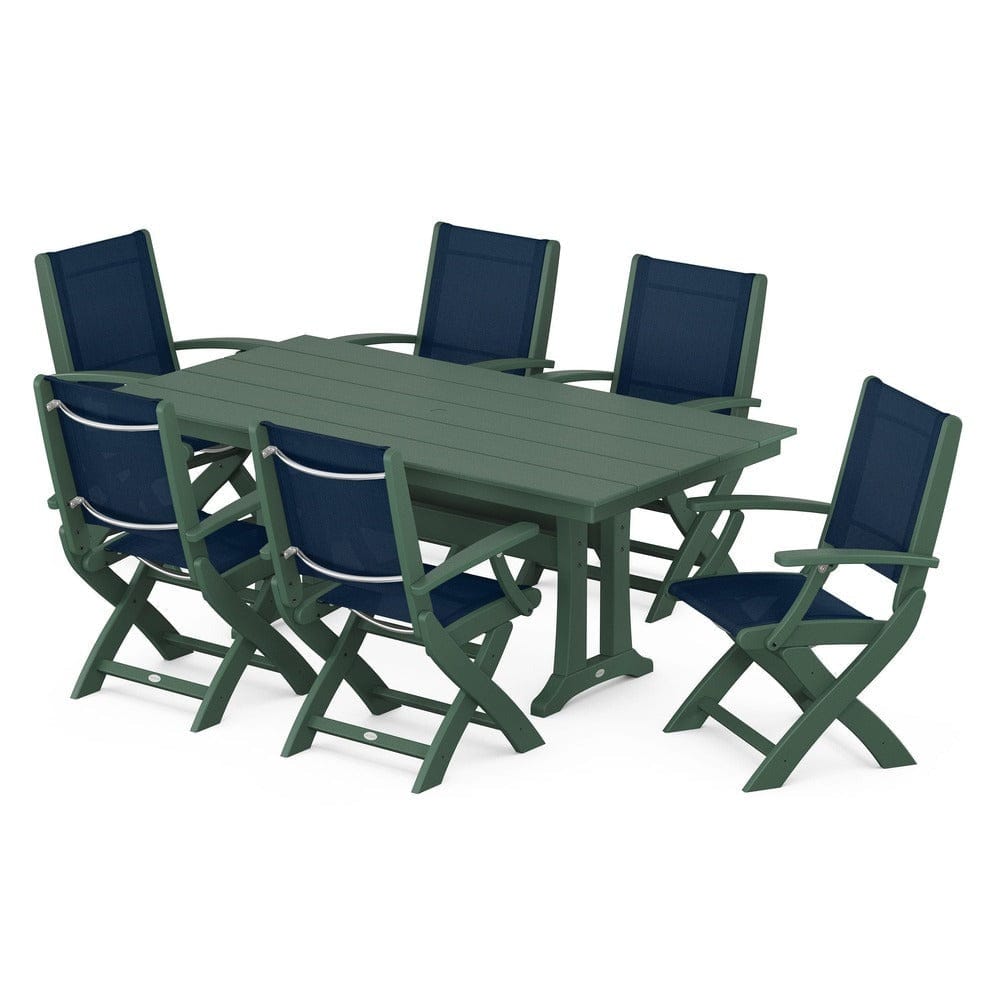 POLYWOOD® Outdoor Furniture Green / Navy Blue Sling POLYWOOD® - Coastal Folding Arm Chair 7-Piece Farmhouse Dining Set with Trestle Legs - PWS292