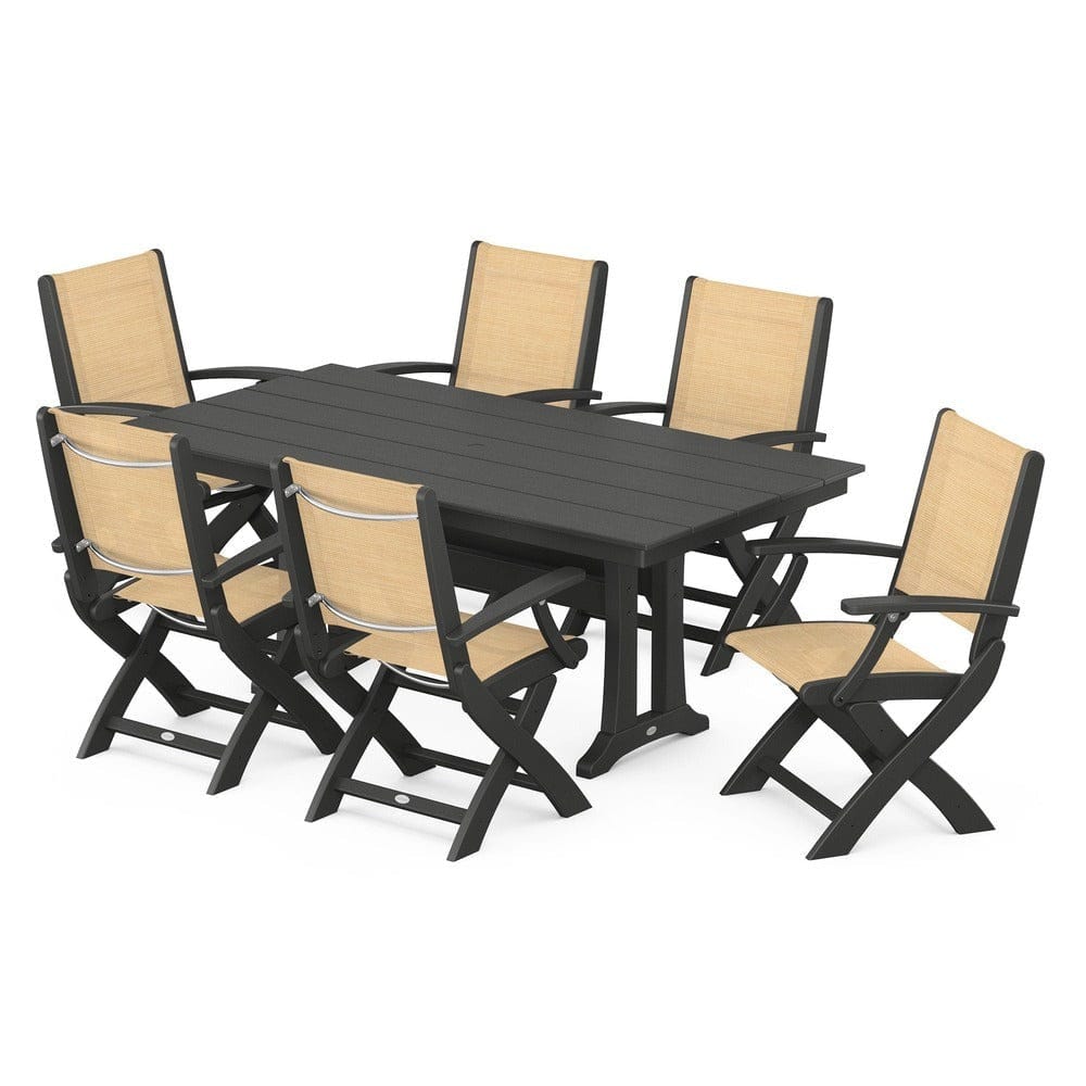 POLYWOOD® Outdoor Furniture Black / Dupioni Apricot Sling POLYWOOD® - Coastal Folding Arm Chair 7-Piece Farmhouse Dining Set with Trestle Legs - PWS292