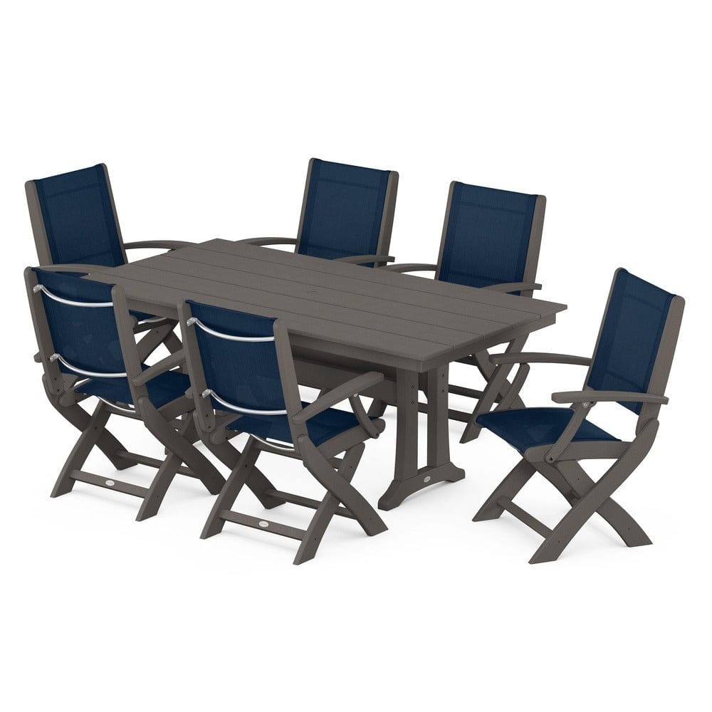 POLYWOOD® Outdoor Furniture Vintage Coffee / Navy Blue Sling POLYWOOD® - Coastal Folding Arm Chair 7-Piece Farmhouse Dining Set with Trestle Legs - PWS292