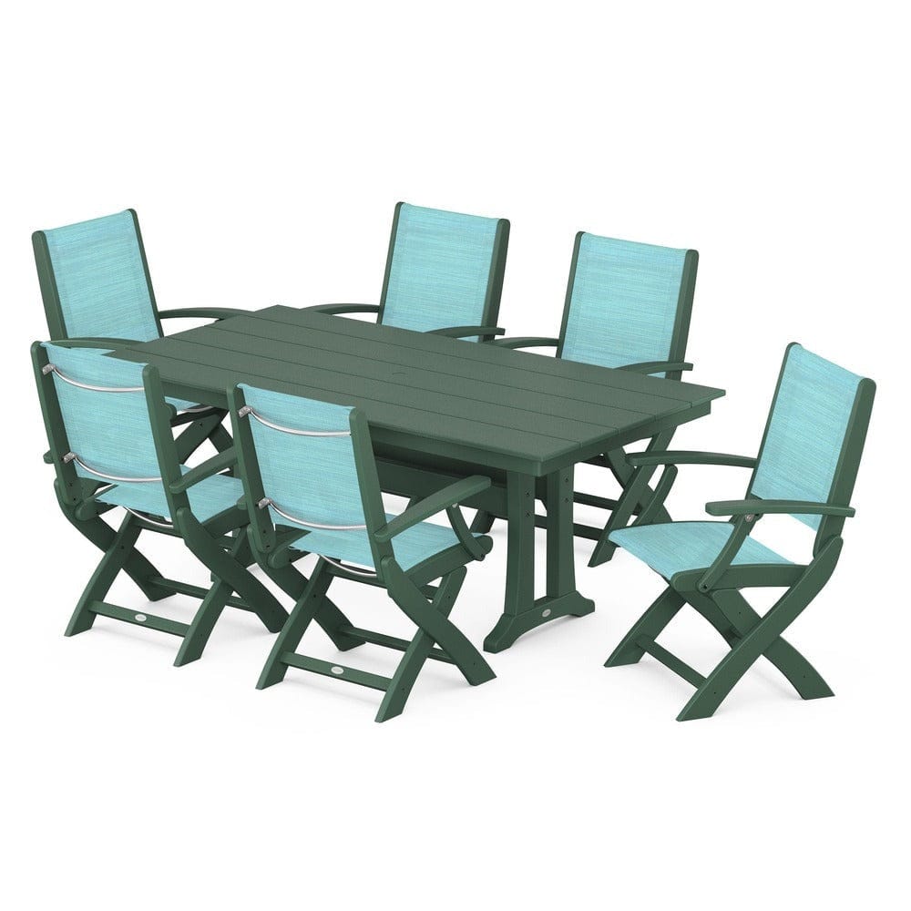 POLYWOOD® Outdoor Furniture Green / Dupioni Aquamarine Sling POLYWOOD® - Coastal Folding Arm Chair 7-Piece Farmhouse Dining Set with Trestle Legs - PWS292