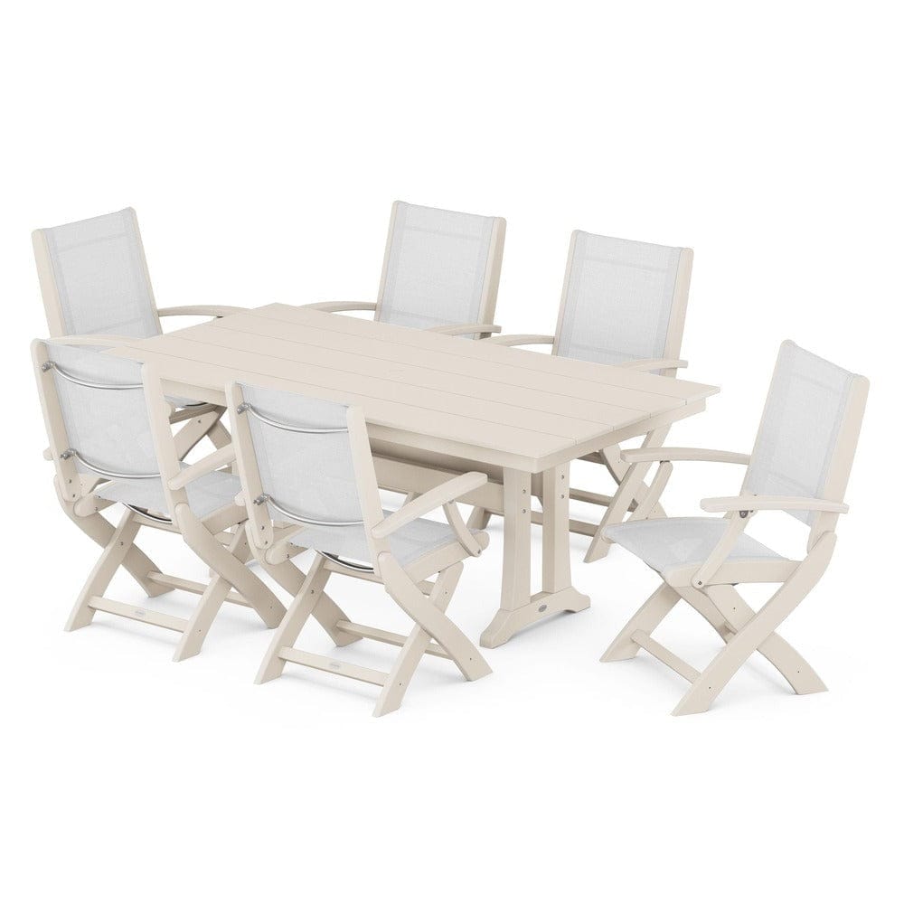 POLYWOOD® - Coastal Folding Arm Chair 7-Piece Farmhouse Dining Set with Trestle Legs - PWS292 Outdoor Furniture POLYWOOD®