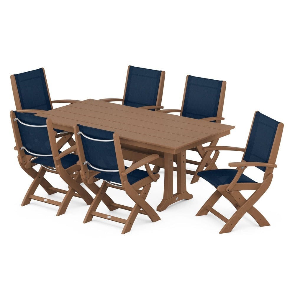 POLYWOOD® Outdoor Furniture Teak / Navy Blue Sling POLYWOOD® - Coastal Folding Arm Chair 7-Piece Farmhouse Dining Set with Trestle Legs - PWS292