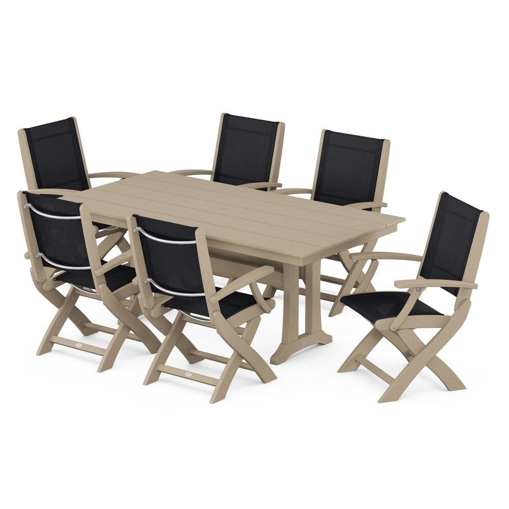 POLYWOOD® Outdoor Furniture POLYWOOD® - Coastal Folding Arm Chair 7-Piece Farmhouse Dining Set with Trestle Legs - PWS292