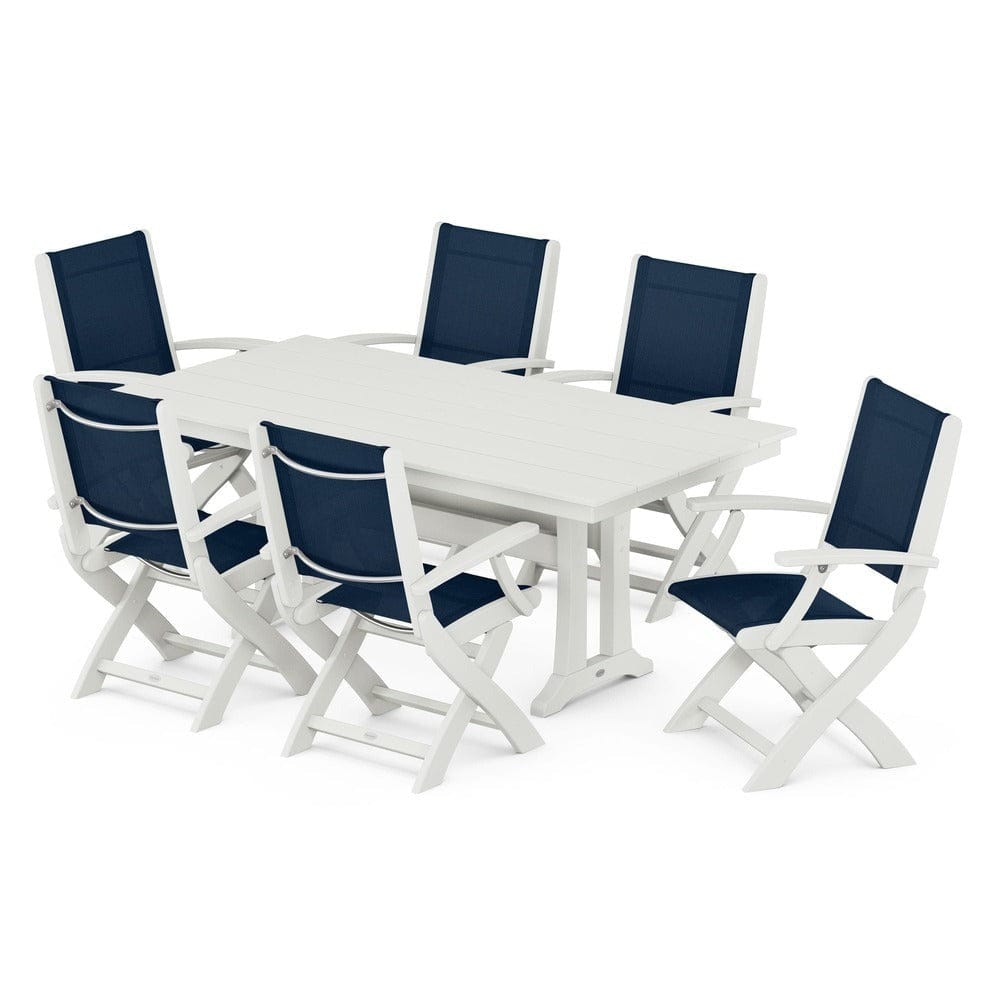 POLYWOOD® Outdoor Furniture POLYWOOD® - Coastal Folding Arm Chair 7-Piece Farmhouse Dining Set with Trestle Legs - PWS292