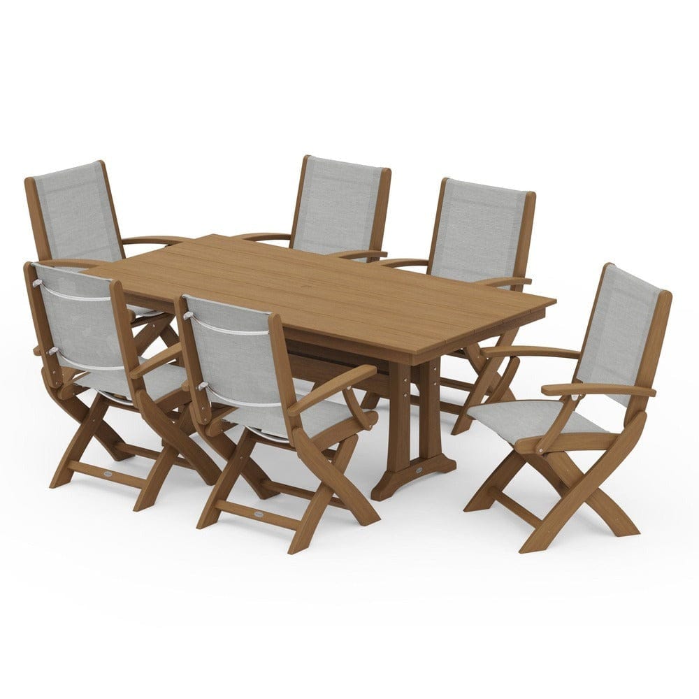POLYWOOD® Outdoor Furniture POLYWOOD® - Coastal Folding Arm Chair 7-Piece Farmhouse Dining Set with Trestle Legs - PWS292