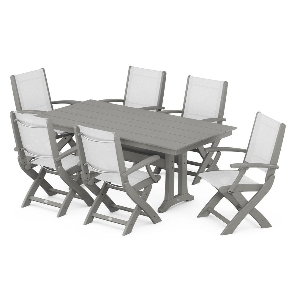 POLYWOOD® Outdoor Furniture Slate Grey / White Sling POLYWOOD® - Coastal Folding Arm Chair 7-Piece Farmhouse Dining Set with Trestle Legs - PWS292