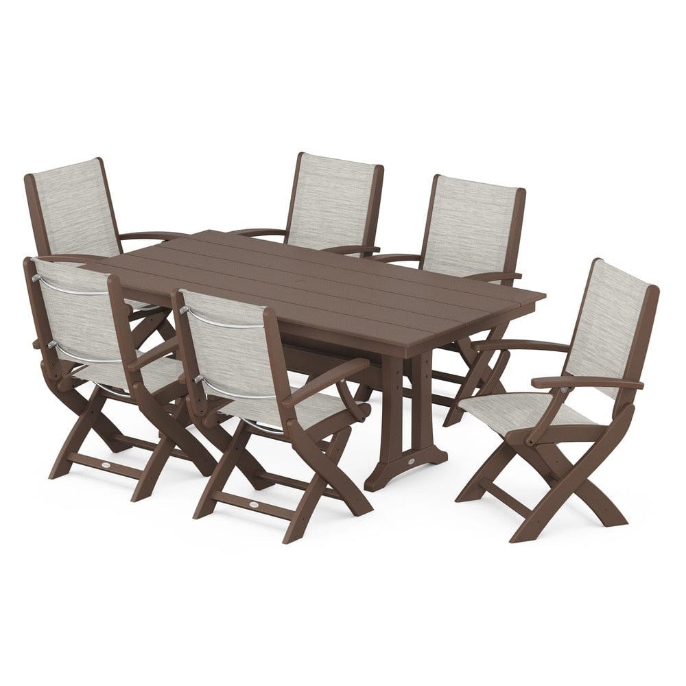 POLYWOOD® Outdoor Furniture Mahogany / Birch Sling POLYWOOD® - Coastal Folding Arm Chair 7-Piece Farmhouse Dining Set with Trestle Legs - PWS292