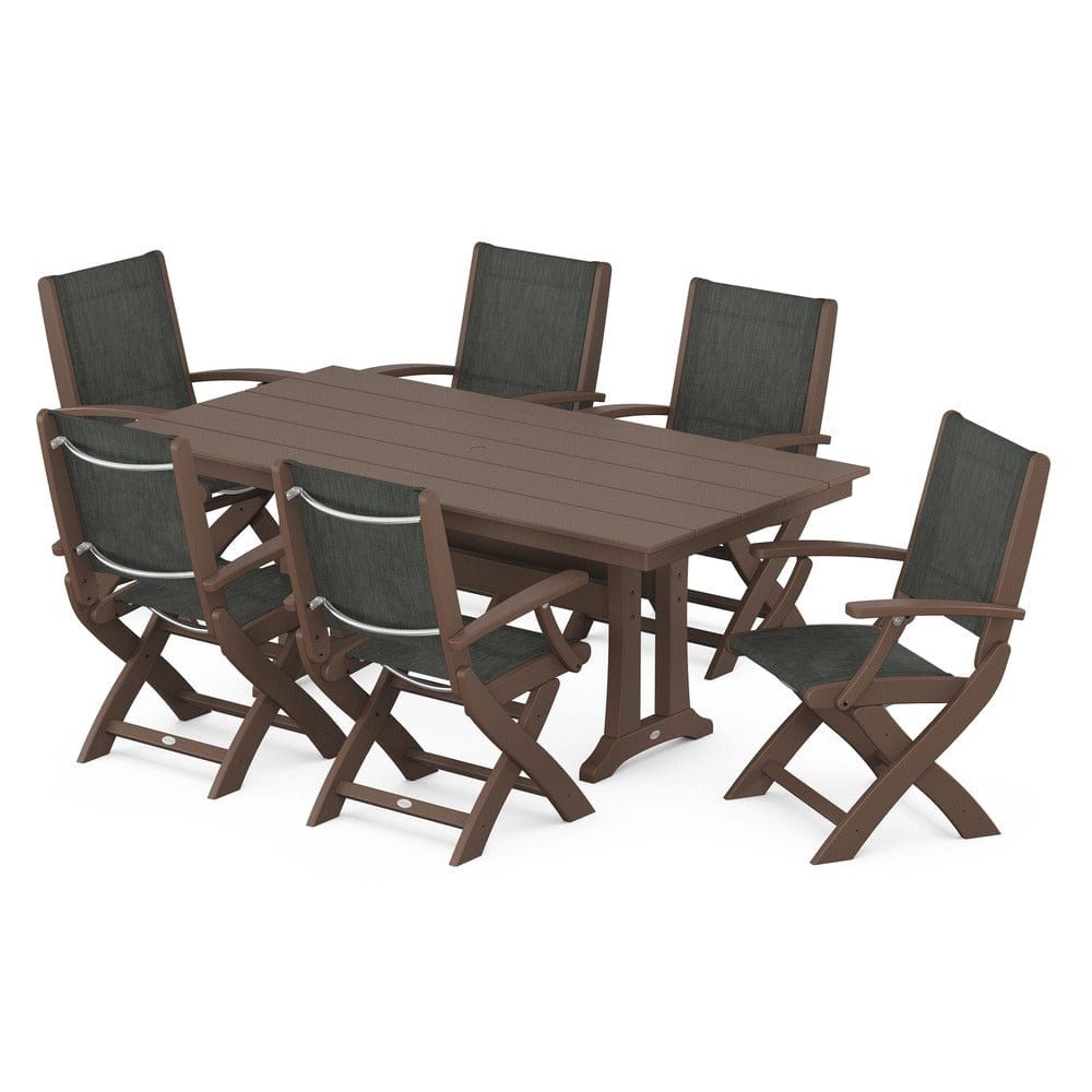 POLYWOOD® - Coastal Folding Arm Chair 7-Piece Farmhouse Dining Set with Trestle Legs - PWS292