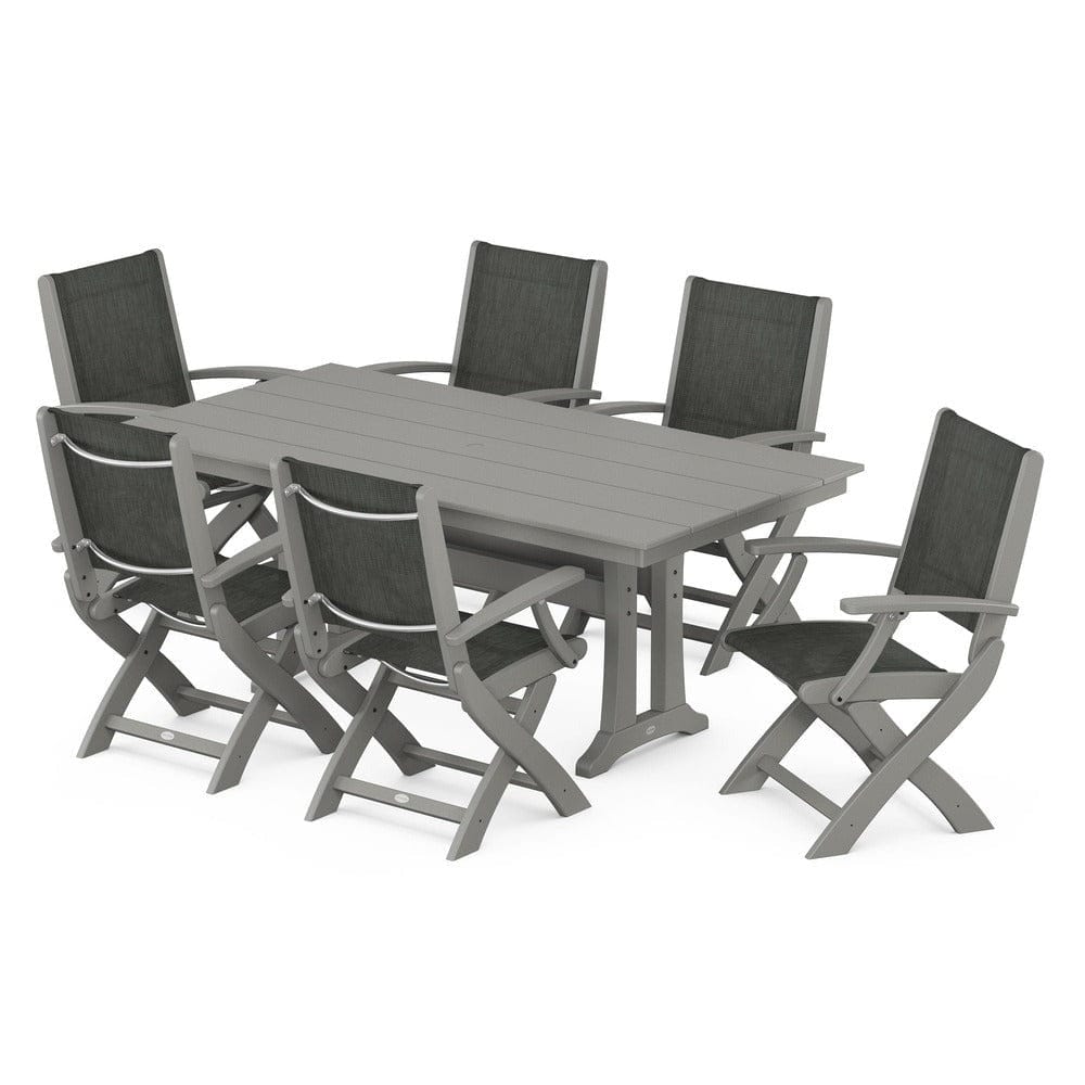 POLYWOOD® - Coastal Folding Arm Chair 7-Piece Farmhouse Dining Set with Trestle Legs - PWS292 Outdoor Furniture POLYWOOD®