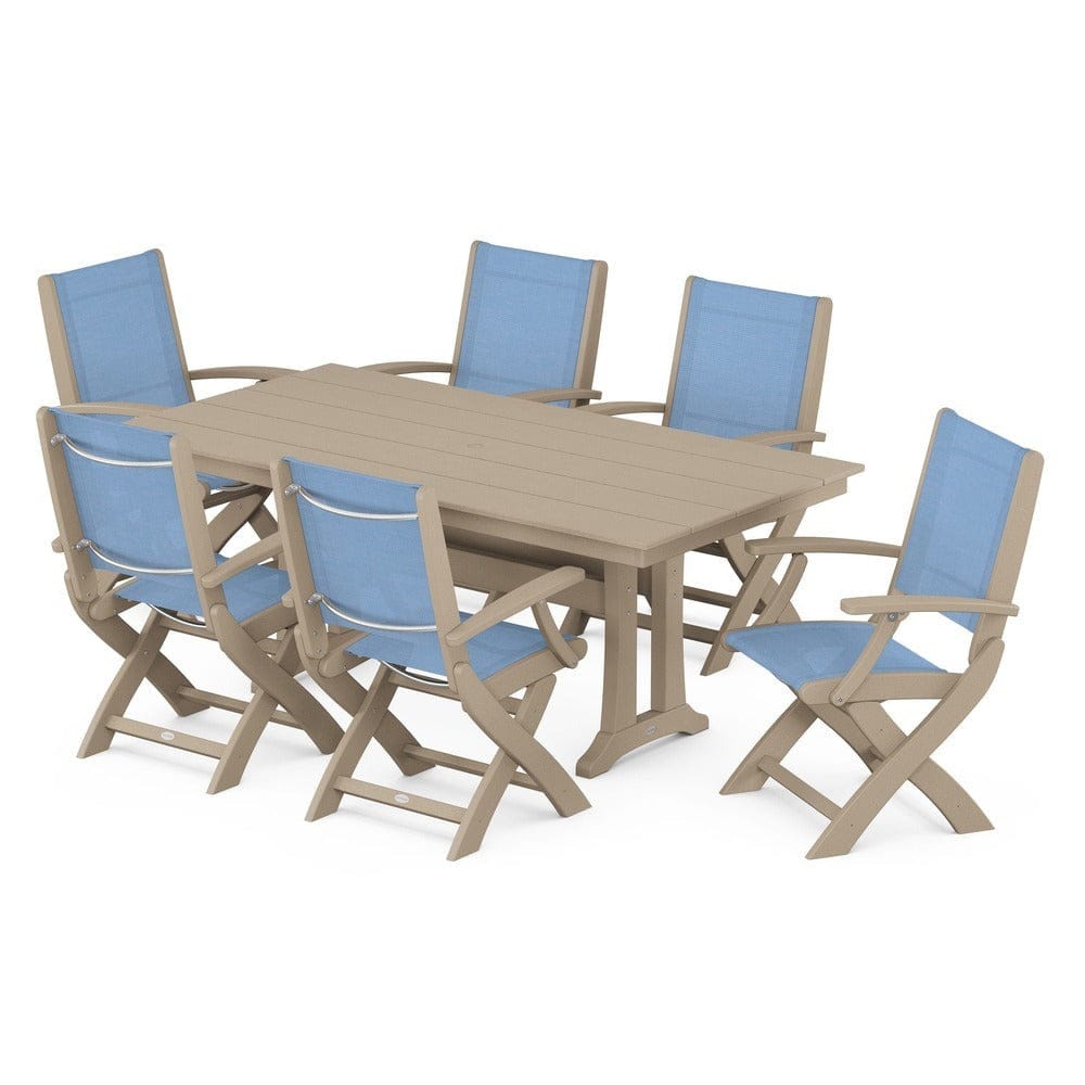 POLYWOOD® Outdoor Furniture Vintage Sahara / Poolside Sling POLYWOOD® - Coastal Folding Arm Chair 7-Piece Farmhouse Dining Set with Trestle Legs - PWS292