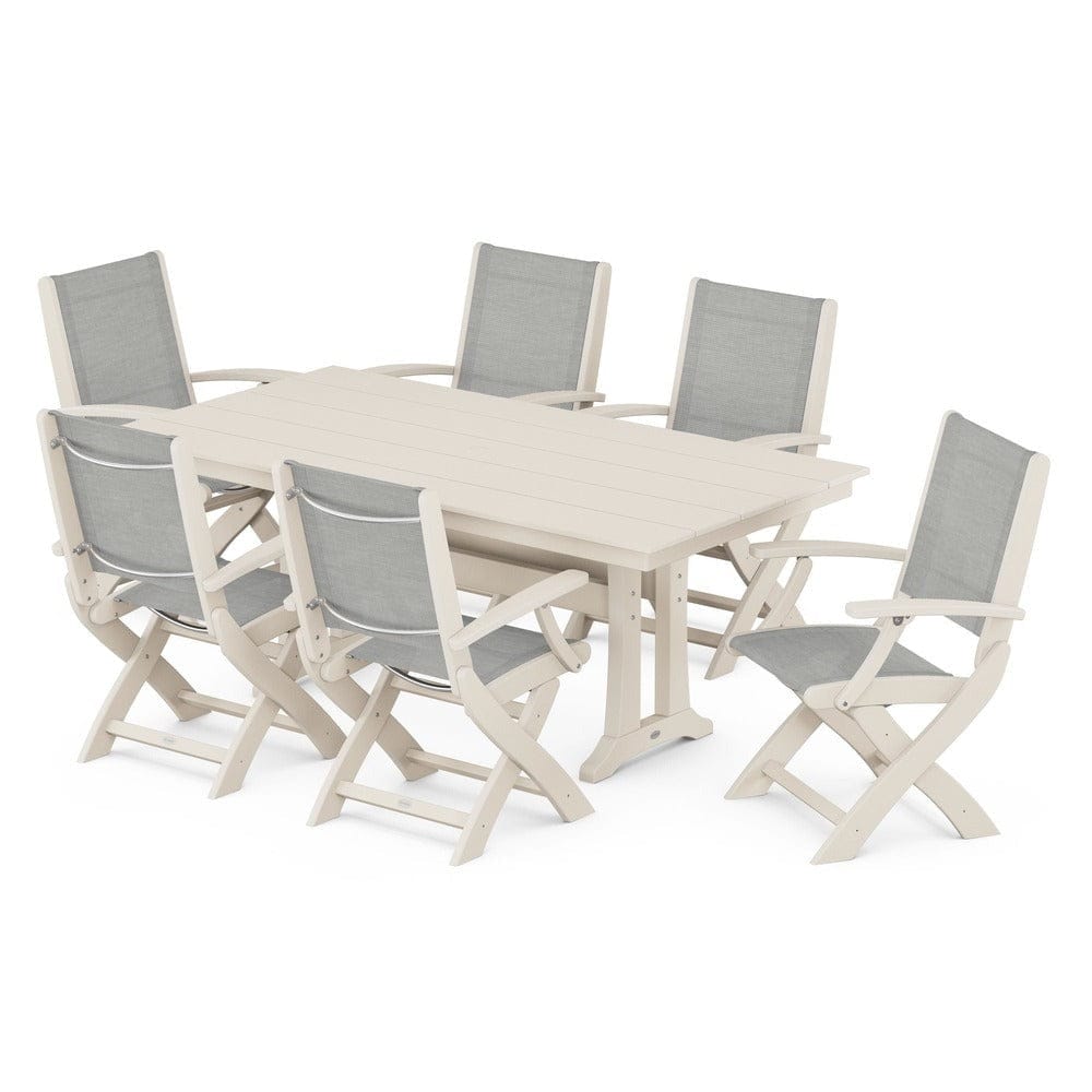 POLYWOOD® Outdoor Furniture Sand / Metallic Sling POLYWOOD® - Coastal Folding Arm Chair 7-Piece Farmhouse Dining Set with Trestle Legs - PWS292