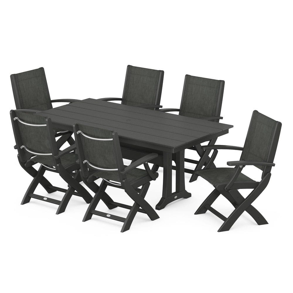 POLYWOOD® Outdoor Furniture Black / Ember Sling POLYWOOD® - Coastal Folding Arm Chair 7-Piece Farmhouse Dining Set with Trestle Legs - PWS292