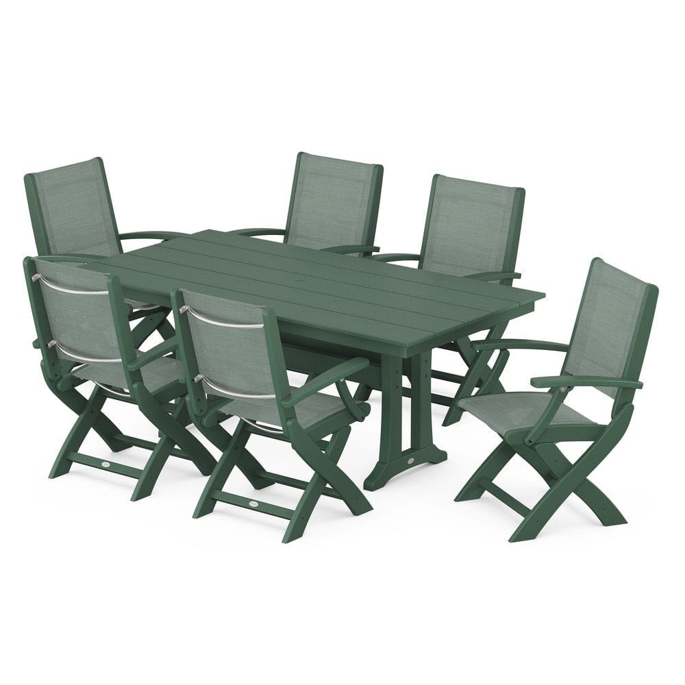 POLYWOOD® Outdoor Furniture Green / Dupioni Sea Mist Sling POLYWOOD® - Coastal Folding Arm Chair 7-Piece Farmhouse Dining Set with Trestle Legs - PWS292