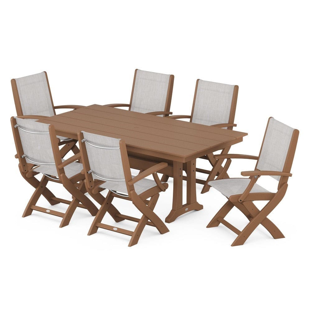 POLYWOOD® Outdoor Furniture Teak / Parchment Sling POLYWOOD® - Coastal Folding Arm Chair 7-Piece Farmhouse Dining Set with Trestle Legs - PWS292