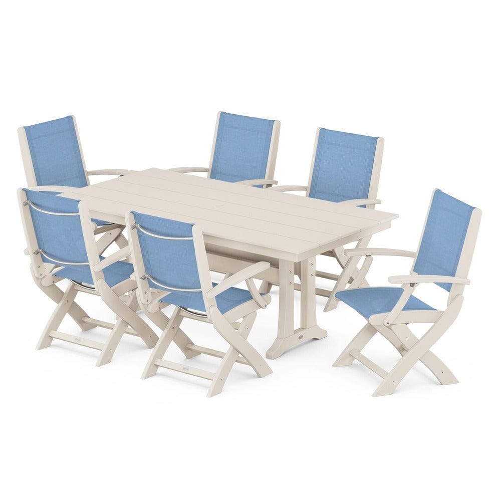 POLYWOOD® - Coastal Folding Arm Chair 7-Piece Farmhouse Dining Set with Trestle Legs - PWS292 Outdoor Furniture POLYWOOD®