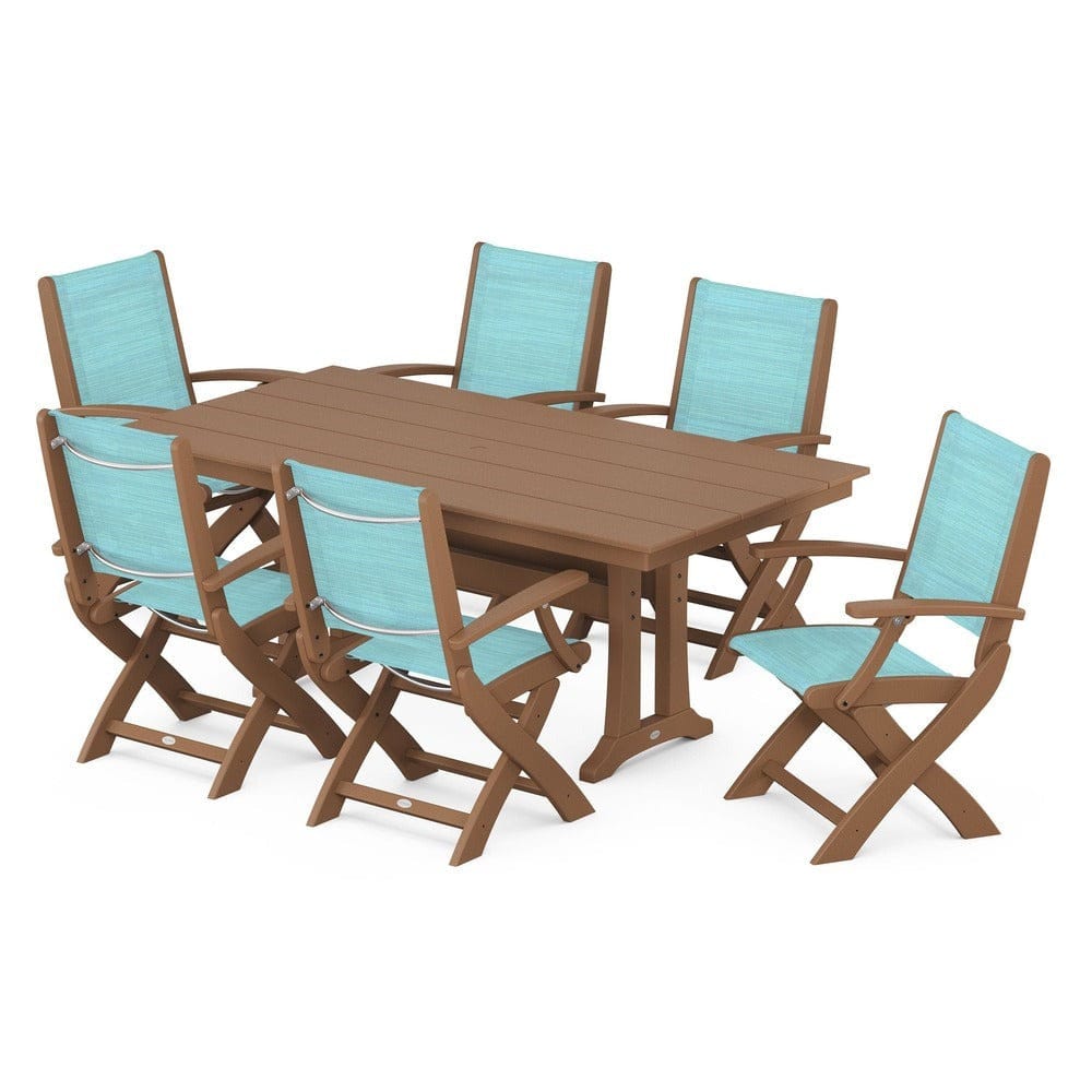 POLYWOOD® Outdoor Furniture Teak / Dupioni Aquamarine Sling POLYWOOD® - Coastal Folding Arm Chair 7-Piece Farmhouse Dining Set with Trestle Legs - PWS292