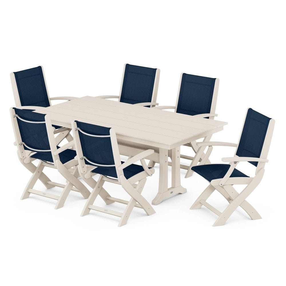 POLYWOOD® Outdoor Furniture Sand / Navy Blue Sling POLYWOOD® - Coastal Folding Arm Chair 7-Piece Farmhouse Dining Set with Trestle Legs - PWS292