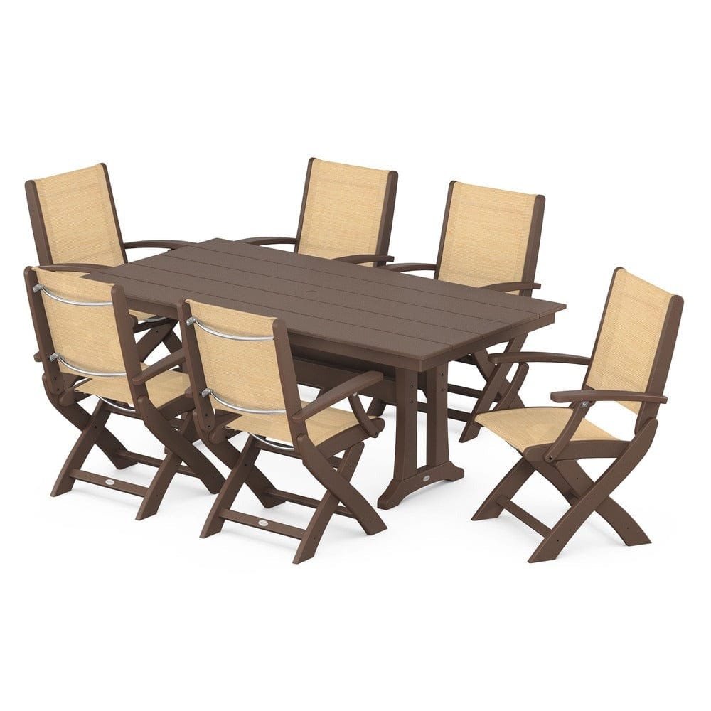 POLYWOOD® Outdoor Furniture Mahogany / Dupioni Apricot Sling POLYWOOD® - Coastal Folding Arm Chair 7-Piece Farmhouse Dining Set with Trestle Legs - PWS292