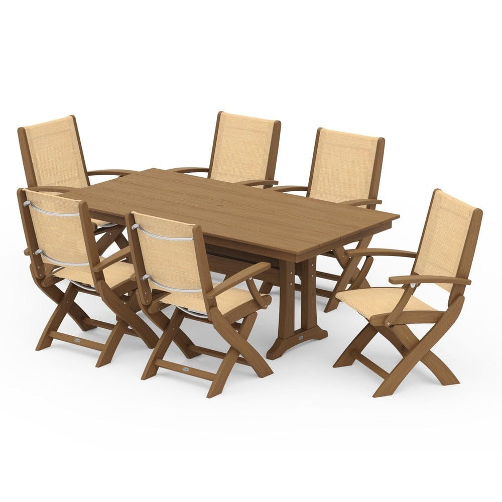 POLYWOOD® Outdoor Furniture POLYWOOD® - Coastal Folding Arm Chair 7-Piece Farmhouse Dining Set with Trestle Legs - PWS292