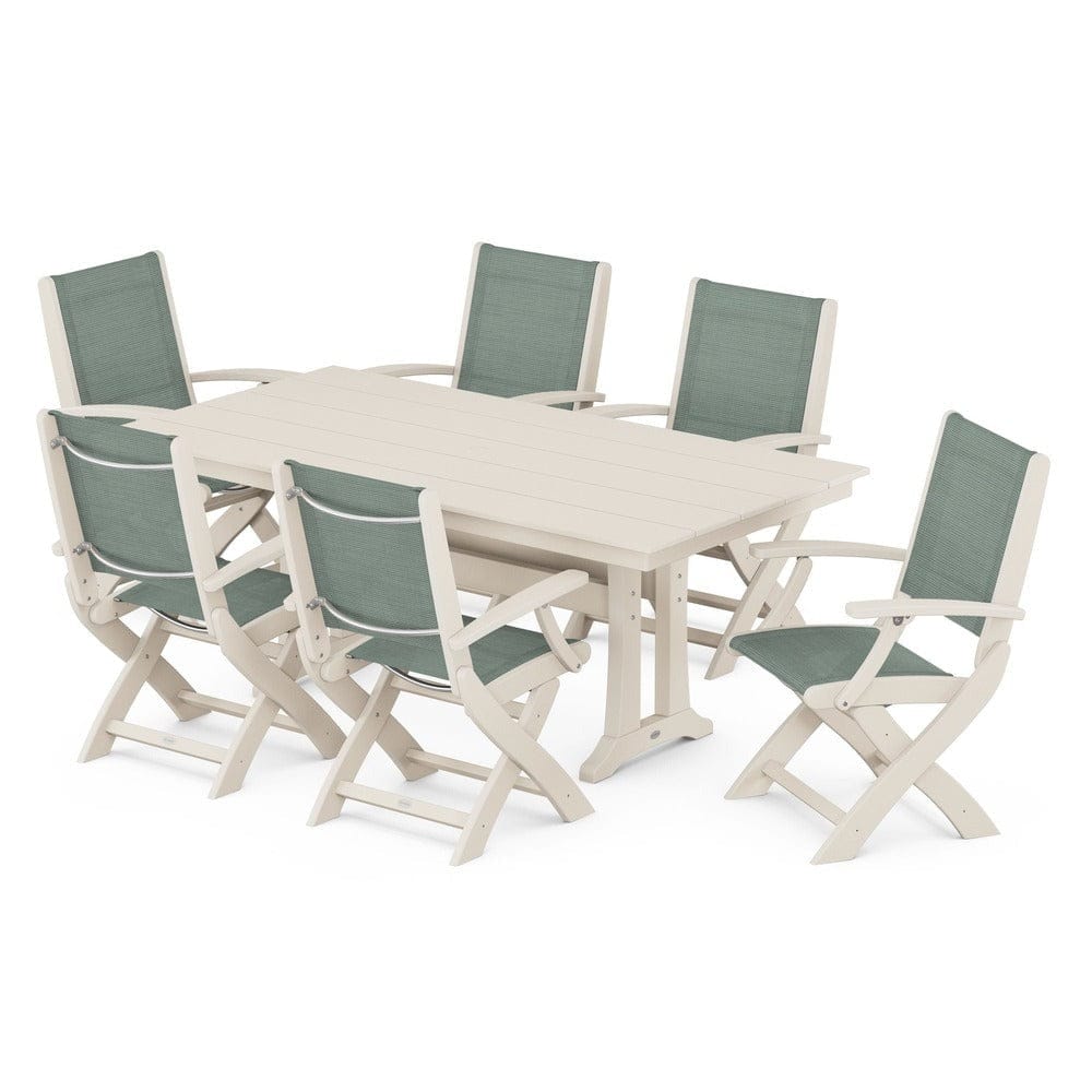 POLYWOOD® Outdoor Furniture Sand / Dupioni Sea Mist Sling POLYWOOD® - Coastal Folding Arm Chair 7-Piece Farmhouse Dining Set with Trestle Legs - PWS292