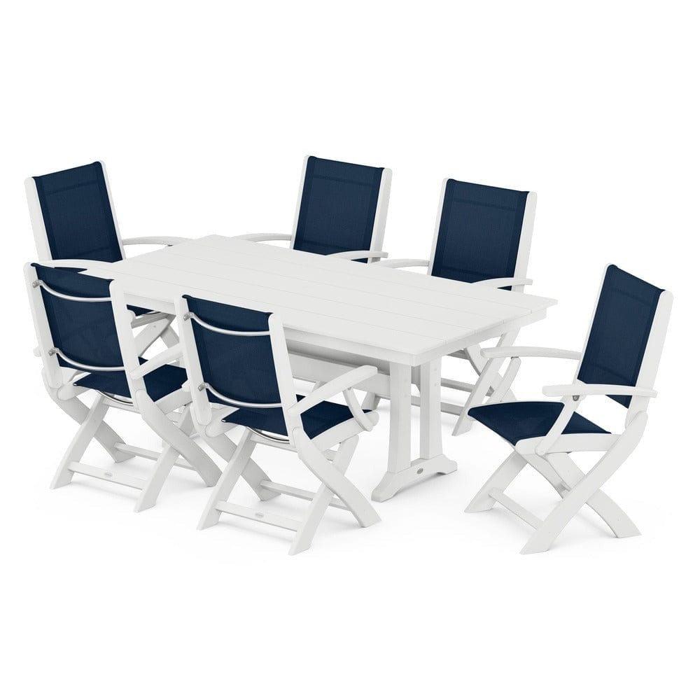 POLYWOOD® Outdoor Furniture White / Navy Blue Sling POLYWOOD® - Coastal Folding Arm Chair 7-Piece Farmhouse Dining Set with Trestle Legs - PWS292