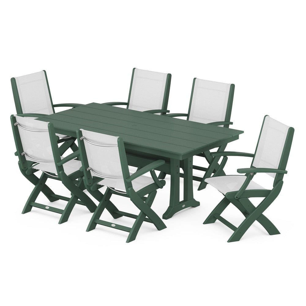 POLYWOOD® - Coastal Folding Arm Chair 7-Piece Farmhouse Dining Set with Trestle Legs - PWS292 Outdoor Furniture POLYWOOD®
