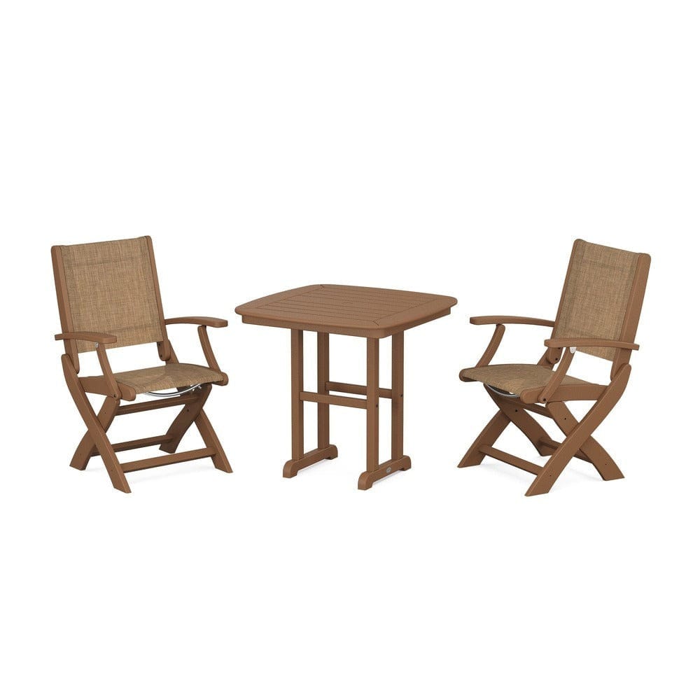 POLYWOOD® Outdoor Furniture Teak / Burlap Sling POLYWOOD® - Coastal Folding Chair 3-Piece Dining Set - PWS1206