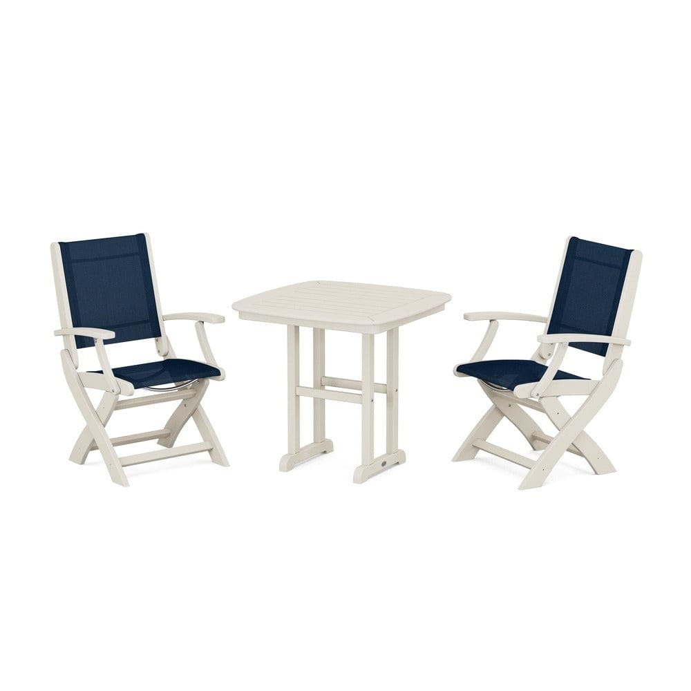 POLYWOOD® Outdoor Furniture Sand / Navy Blue Sling POLYWOOD® - Coastal Folding Chair 3-Piece Dining Set - PWS1206