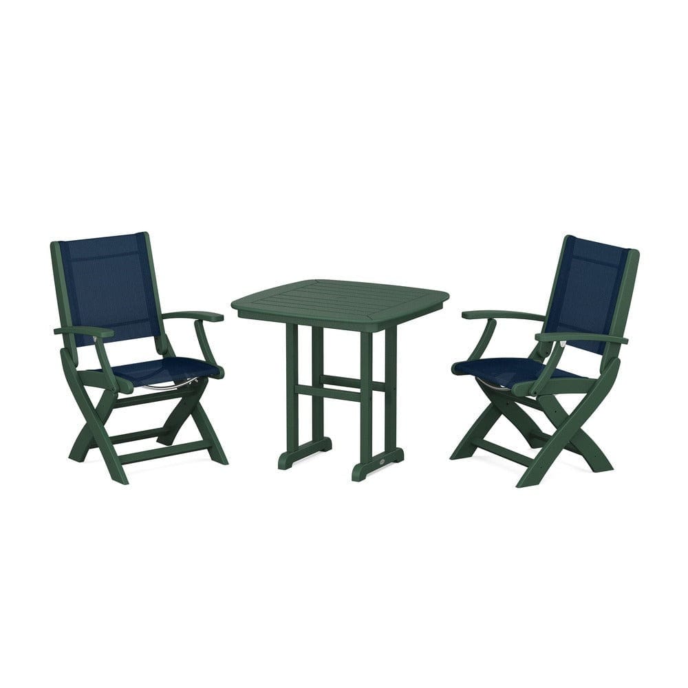 POLYWOOD® Outdoor Furniture Green / Navy Blue Sling POLYWOOD® - Coastal Folding Chair 3-Piece Dining Set - PWS1206