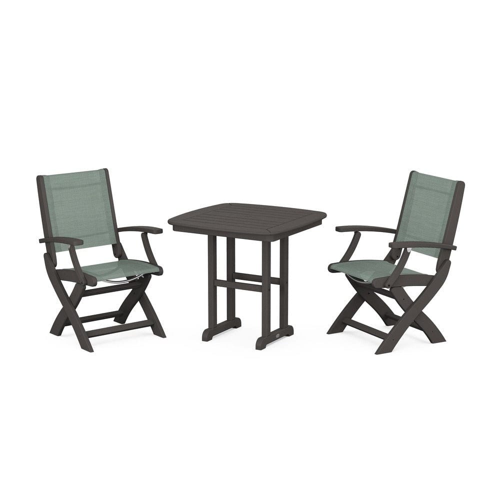 POLYWOOD® Outdoor Furniture Vintage Coffee / Dupioni Sea Mist Sling POLYWOOD® - Coastal Folding Chair 3-Piece Dining Set - PWS1206