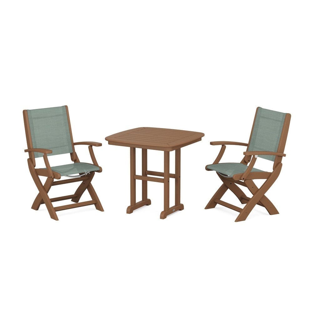 POLYWOOD® Outdoor Furniture Teak / Dupioni Sea Mist Sling POLYWOOD® - Coastal Folding Chair 3-Piece Dining Set - PWS1206