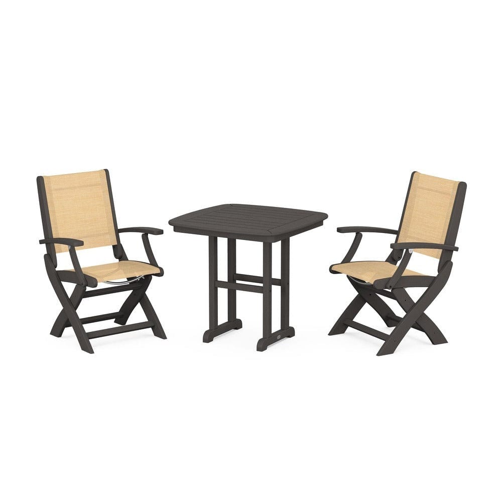 POLYWOOD® Outdoor Furniture Vintage Coffee / Dupioni Apricot Sling POLYWOOD® - Coastal Folding Chair 3-Piece Dining Set - PWS1206