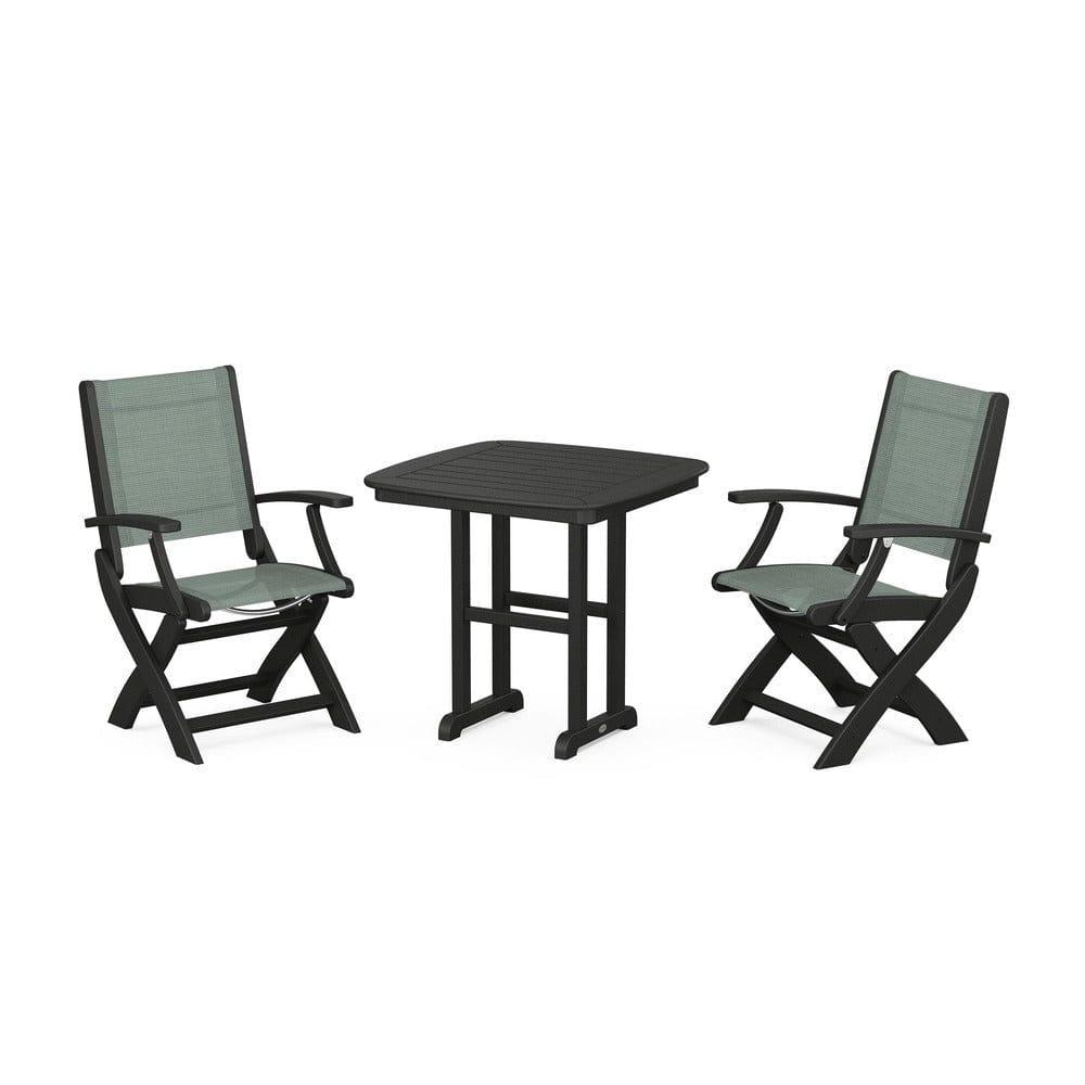 POLYWOOD® Outdoor Furniture Black / Dupioni Sea Mist Sling POLYWOOD® - Coastal Folding Chair 3-Piece Dining Set - PWS1206