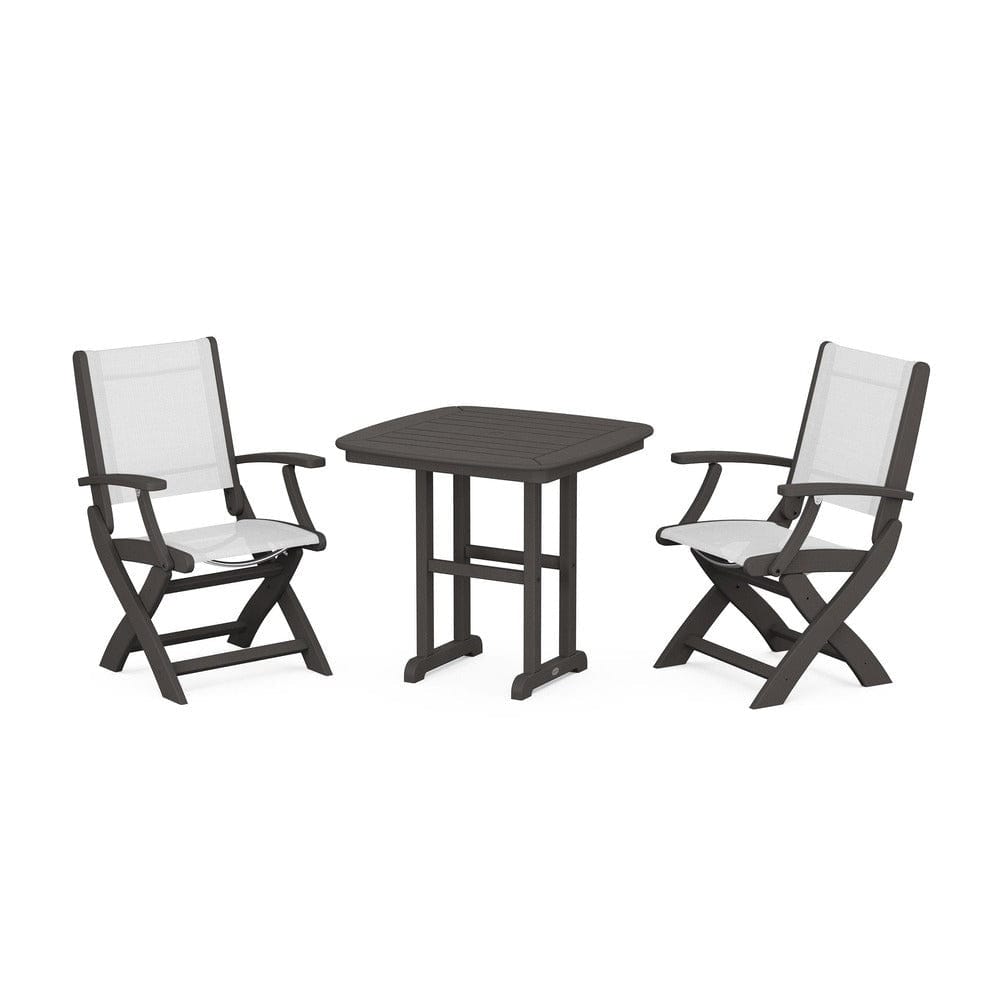 POLYWOOD® Outdoor Furniture Vintage Coffee / White Sling POLYWOOD® - Coastal Folding Chair 3-Piece Dining Set - PWS1206