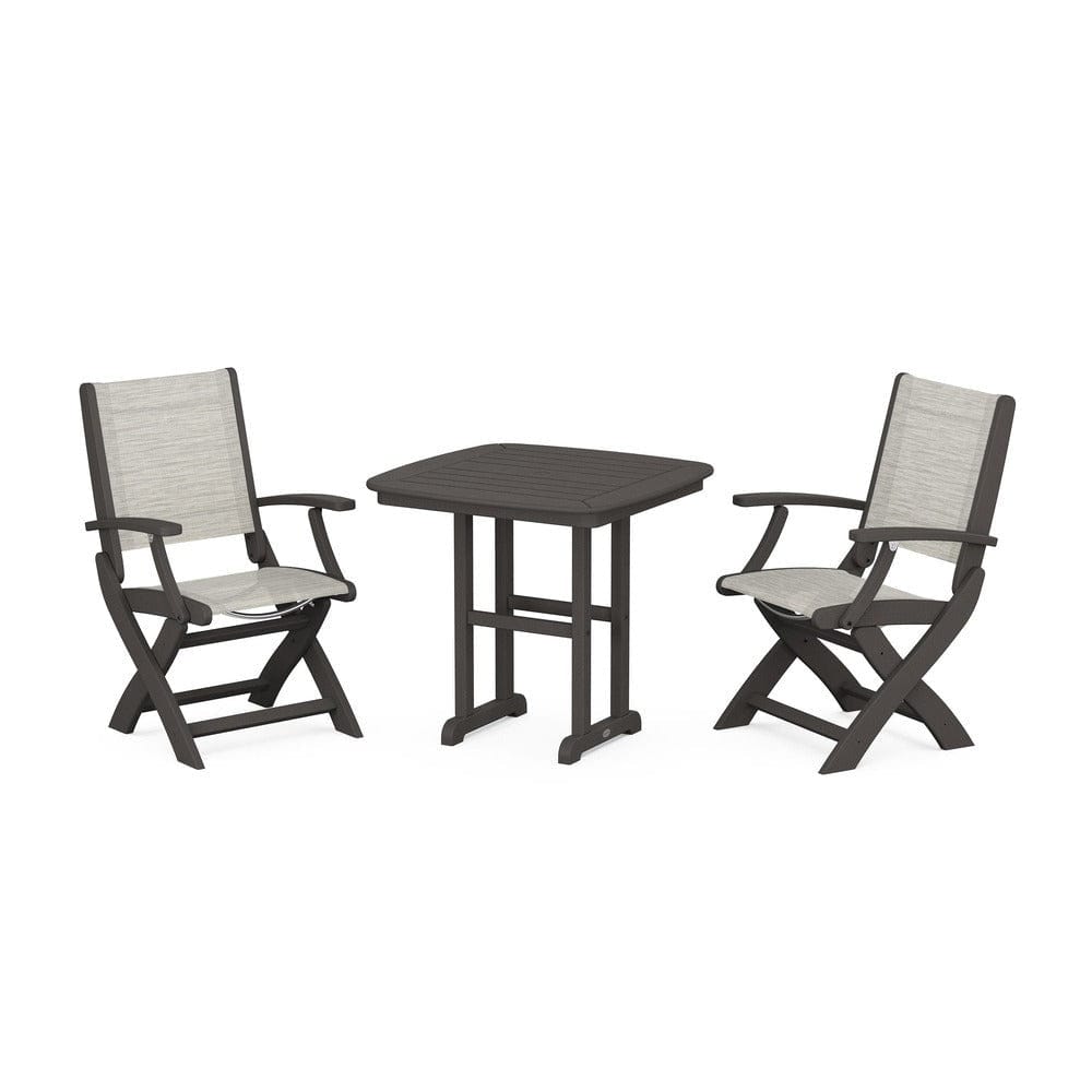 POLYWOOD® Outdoor Furniture Vintage Coffee / Birch Sling POLYWOOD® - Coastal Folding Chair 3-Piece Dining Set - PWS1206