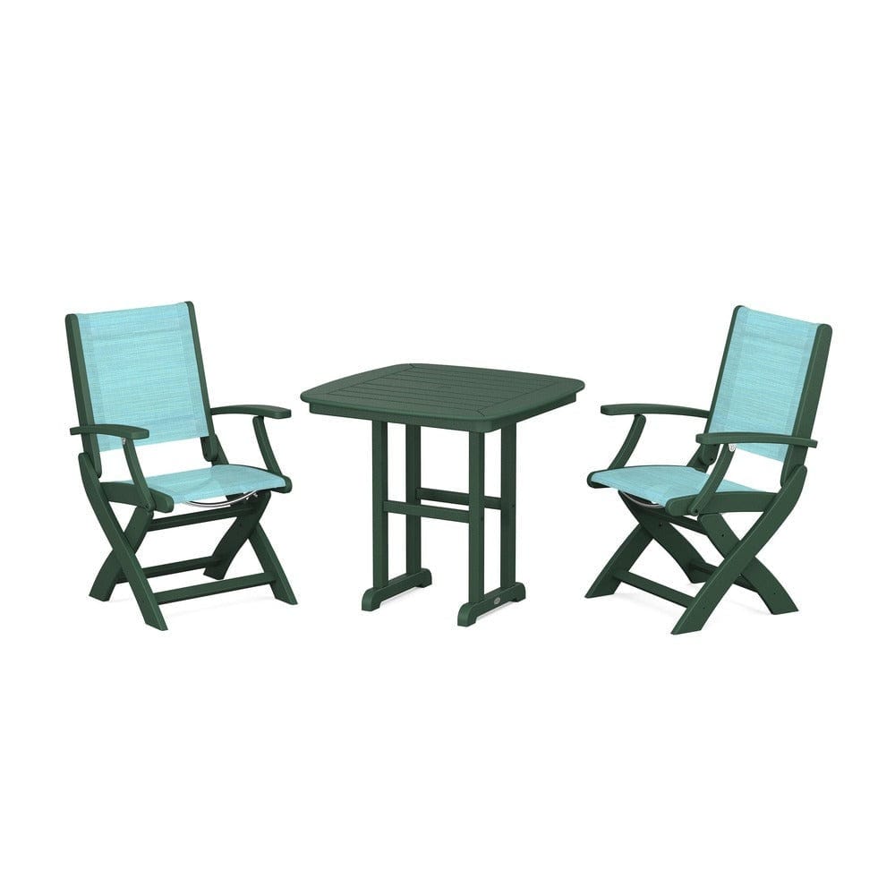 POLYWOOD® Outdoor Furniture Green / Dupioni Aquamarine Sling POLYWOOD® - Coastal Folding Chair 3-Piece Dining Set - PWS1206