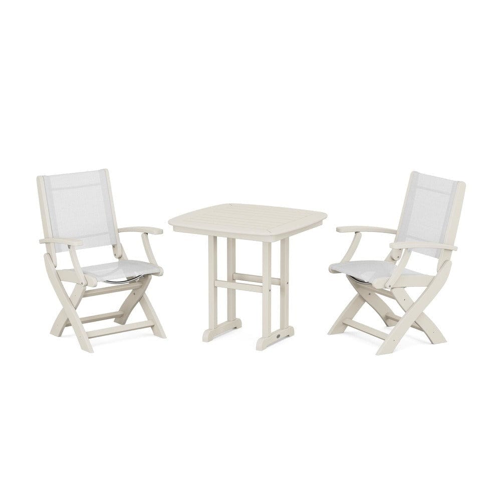 POLYWOOD® Outdoor Furniture Sand / White Sling POLYWOOD® - Coastal Folding Chair 3-Piece Dining Set - PWS1206