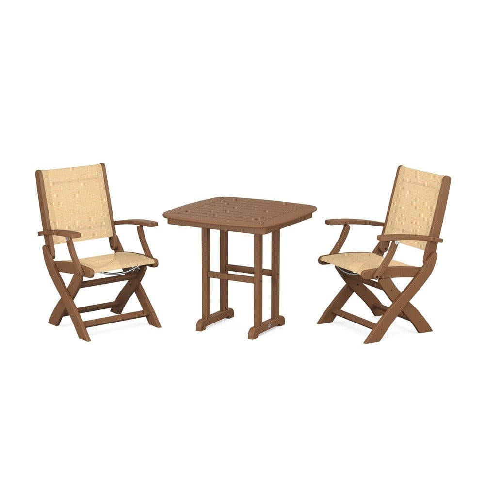 POLYWOOD® Outdoor Furniture Teak / Dupioni Apricot Sling POLYWOOD® - Coastal Folding Chair 3-Piece Dining Set - PWS1206