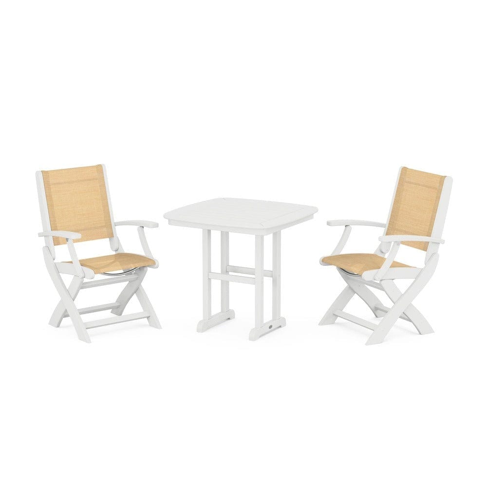 POLYWOOD® Outdoor Furniture White / Dupioni Apricot Sling POLYWOOD® - Coastal Folding Chair 3-Piece Dining Set - PWS1206