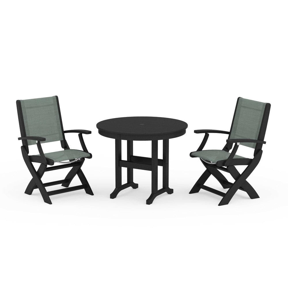 POLYWOOD® Outdoor Furniture Black / Dupioni Sea Mist Sling POLYWOOD® - Coastal Folding Chair 3-Piece Round Dining Set - PWS1328