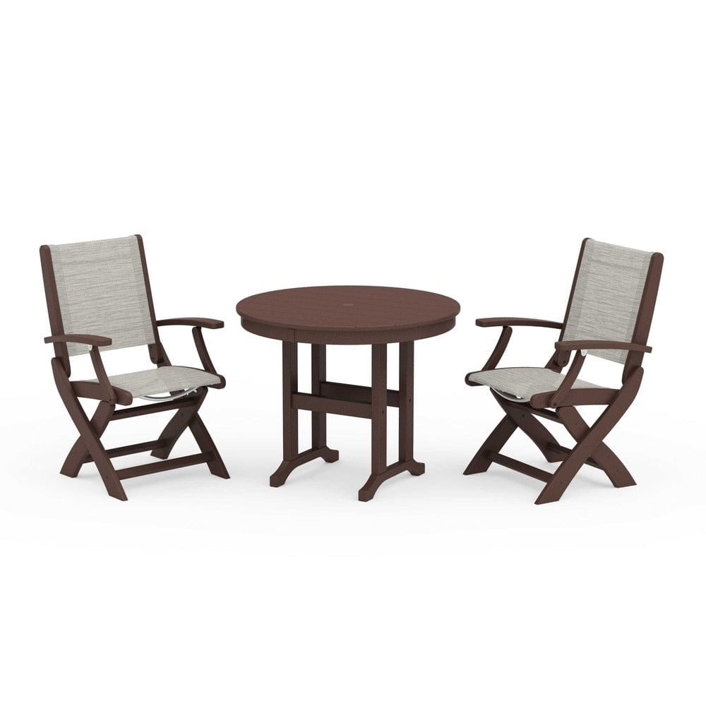 POLYWOOD® Outdoor Furniture Mahogany / Birch Sling POLYWOOD® - Coastal Folding Chair 3-Piece Round Dining Set - PWS1328