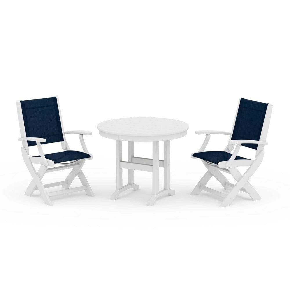 POLYWOOD® Outdoor Furniture White / Navy Blue Sling POLYWOOD® - Coastal Folding Chair 3-Piece Round Dining Set - PWS1328