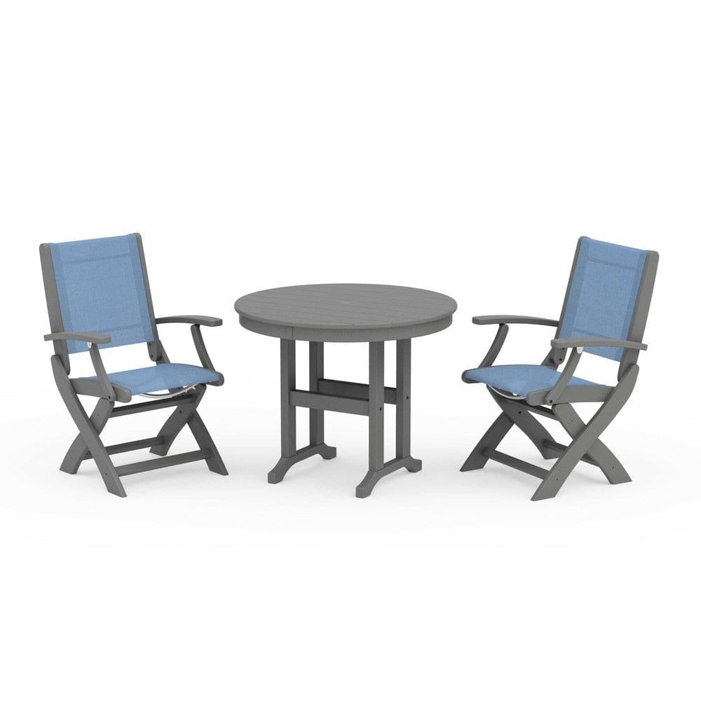 POLYWOOD® Outdoor Furniture Slate Grey / Poolside Sling POLYWOOD® - Coastal Folding Chair 3-Piece Round Dining Set - PWS1328