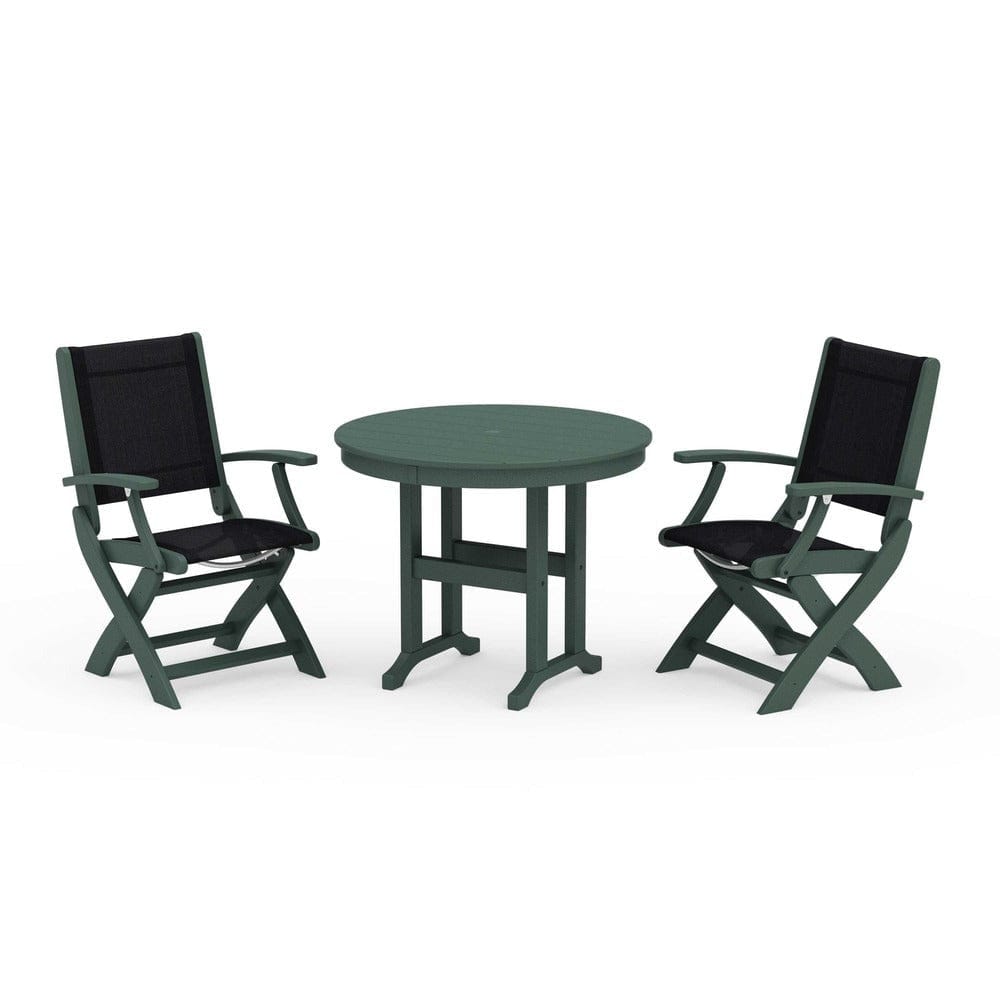 POLYWOOD® Outdoor Furniture Green / Black Sling POLYWOOD® - Coastal Folding Chair 3-Piece Round Dining Set - PWS1328