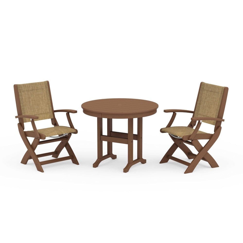 POLYWOOD® Outdoor Furniture Teak / Burlap Sling POLYWOOD® - Coastal Folding Chair 3-Piece Round Dining Set - PWS1328