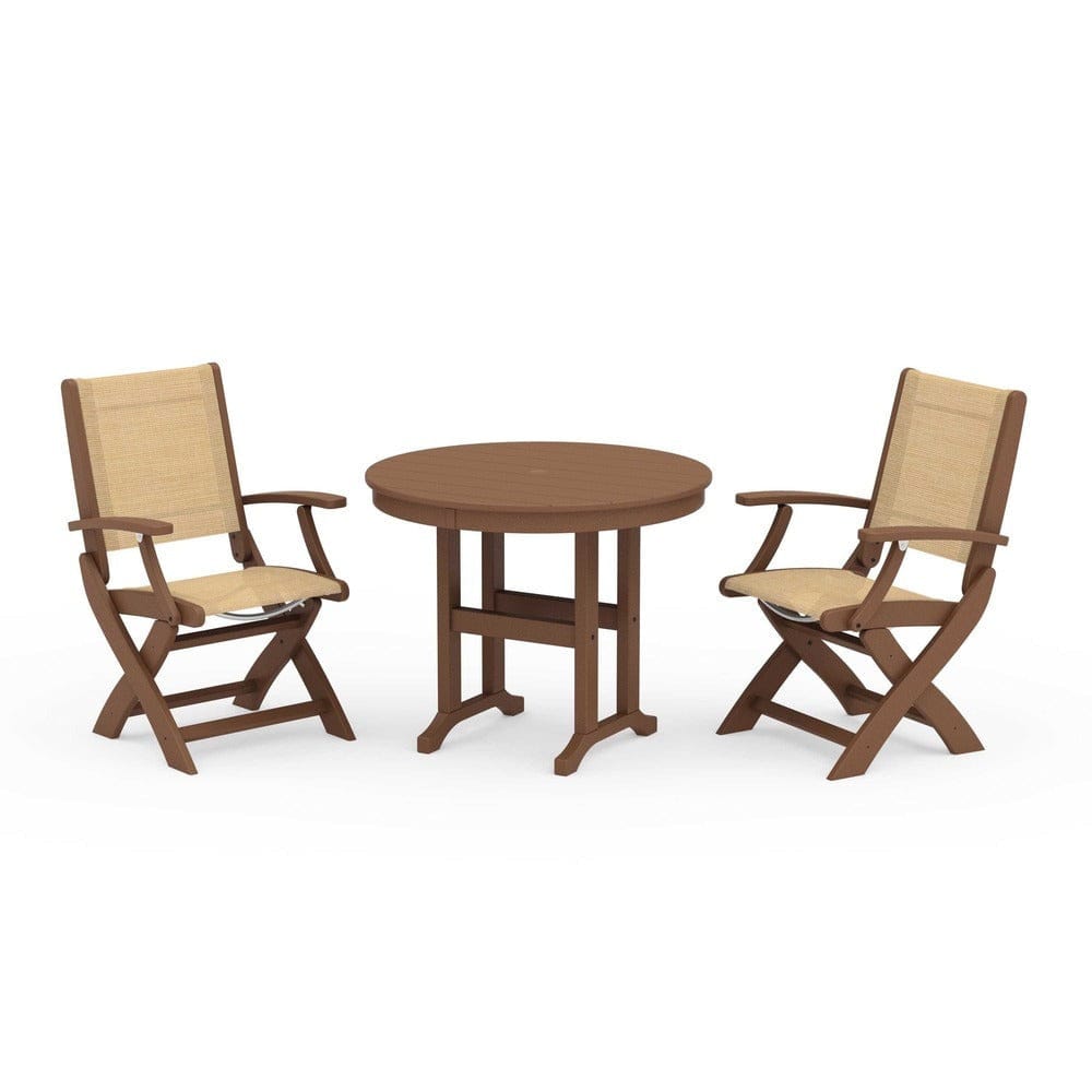 POLYWOOD® Outdoor Furniture Teak / Dupioni Apricot Sling POLYWOOD® - Coastal Folding Chair 3-Piece Round Dining Set - PWS1328