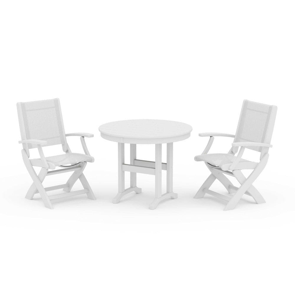 POLYWOOD® Outdoor Furniture White / White Sling POLYWOOD® - Coastal Folding Chair 3-Piece Round Dining Set - PWS1328